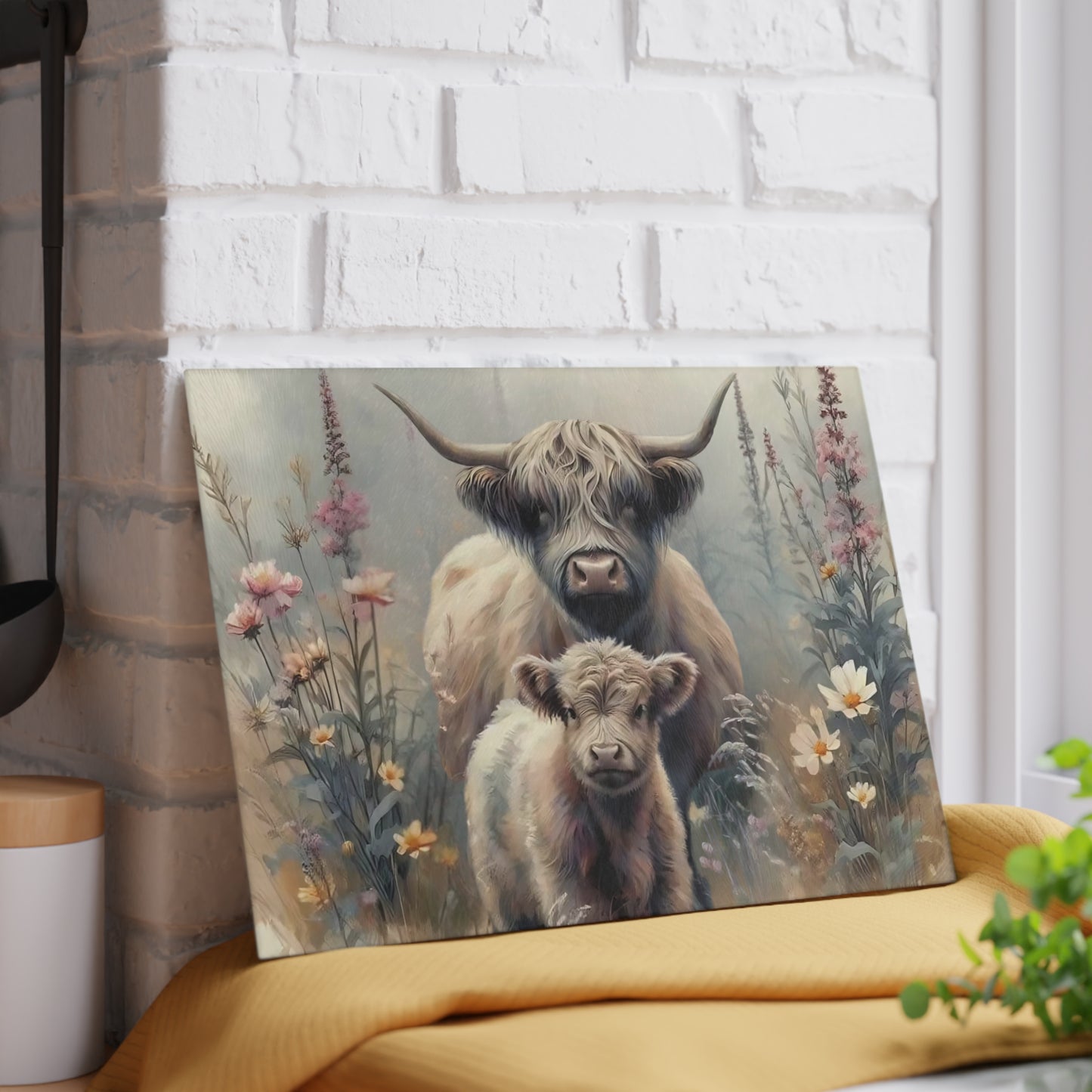 Tabla de cortar de vidrio templado con vaca y bebé de las Highlands