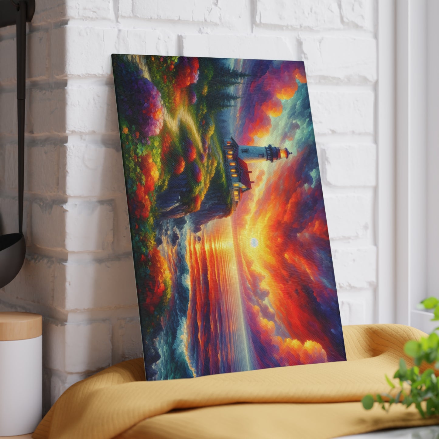 Radiant Lighthouse Sunset Glass Cutting Board – Coastal Seascape Art Kitchen Display