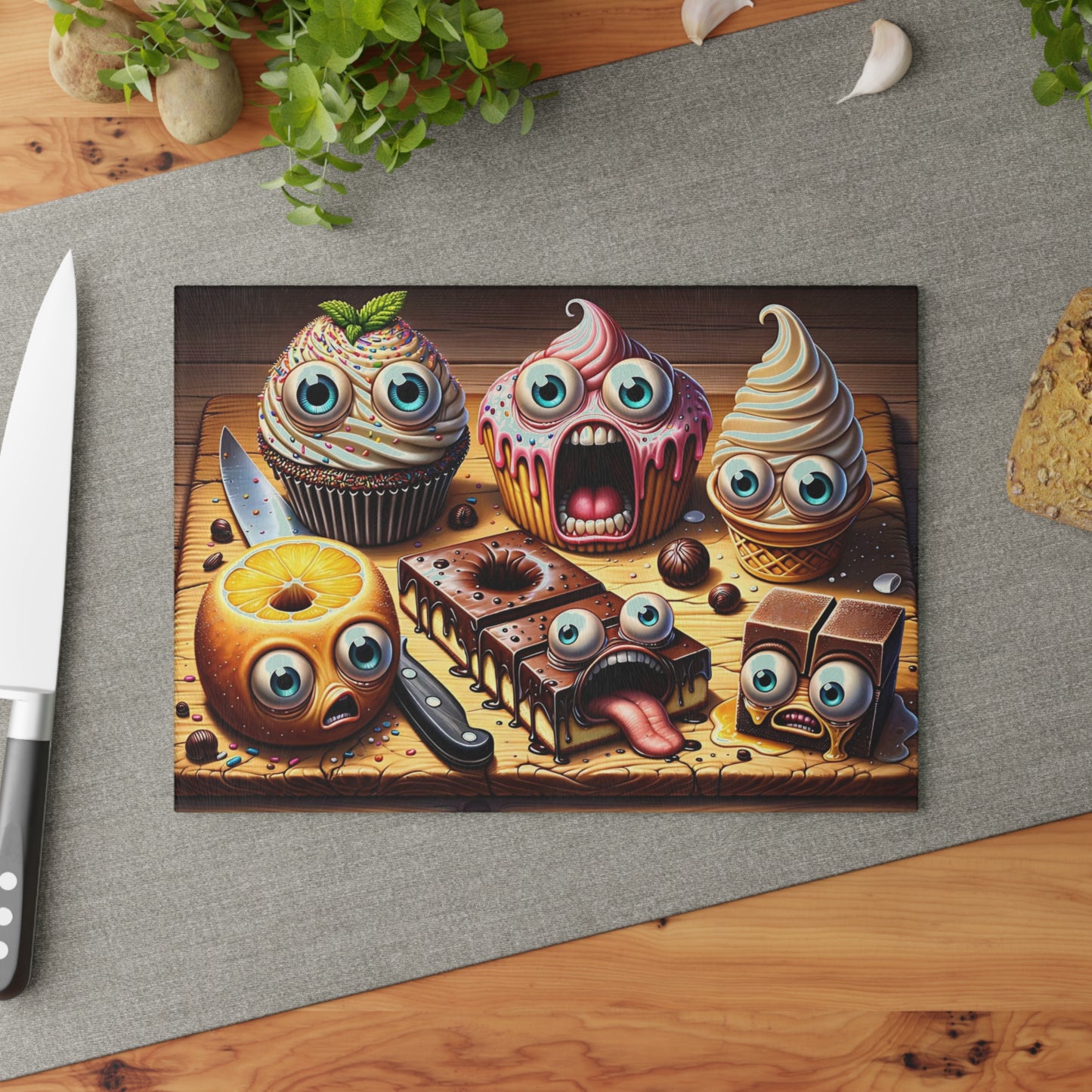 🍰🤣 “Sweet Squad Shenanigans” Glass Cutting Board – Fun Dessert Vibes for Your Kitchen
