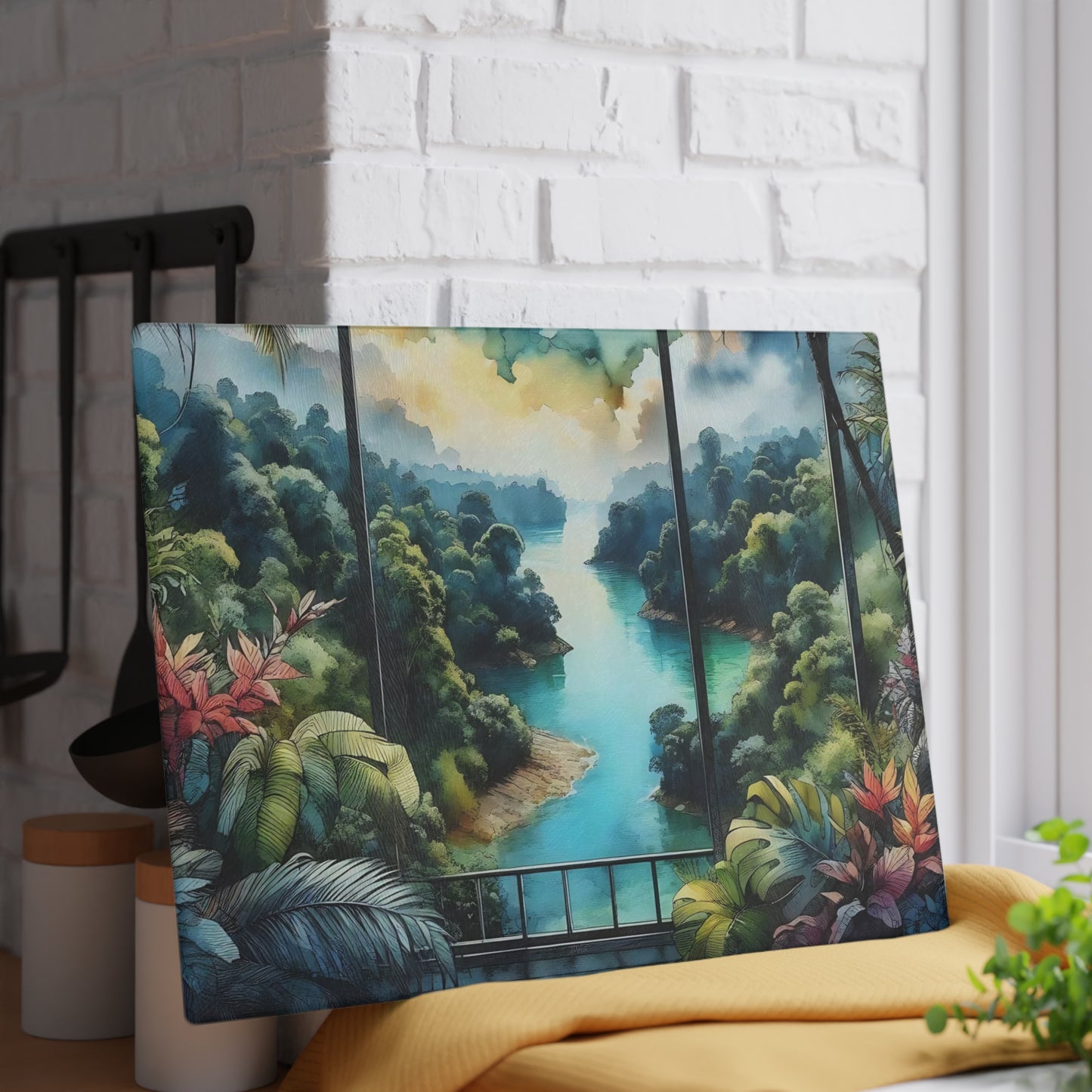 Tabla de cortar de vidrio templado con vista tropical: Escápate al paraíso