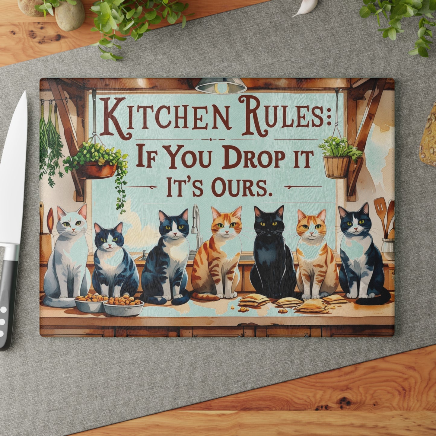 🐱🍴 Kitchen Rules Cat Cutting Board – “If You Drop It, It’s Ours” 🍴🐱