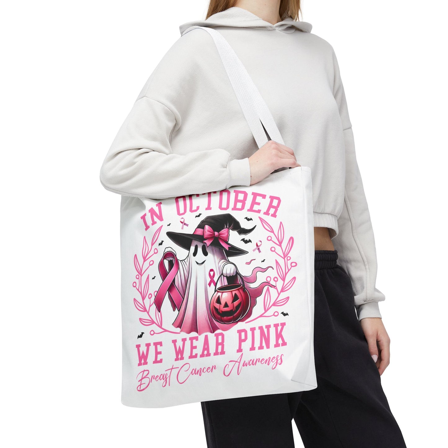 🎀 In October We Wear Pink Tote Bag – Breast Cancer Awareness with Spooky Charm 🎃