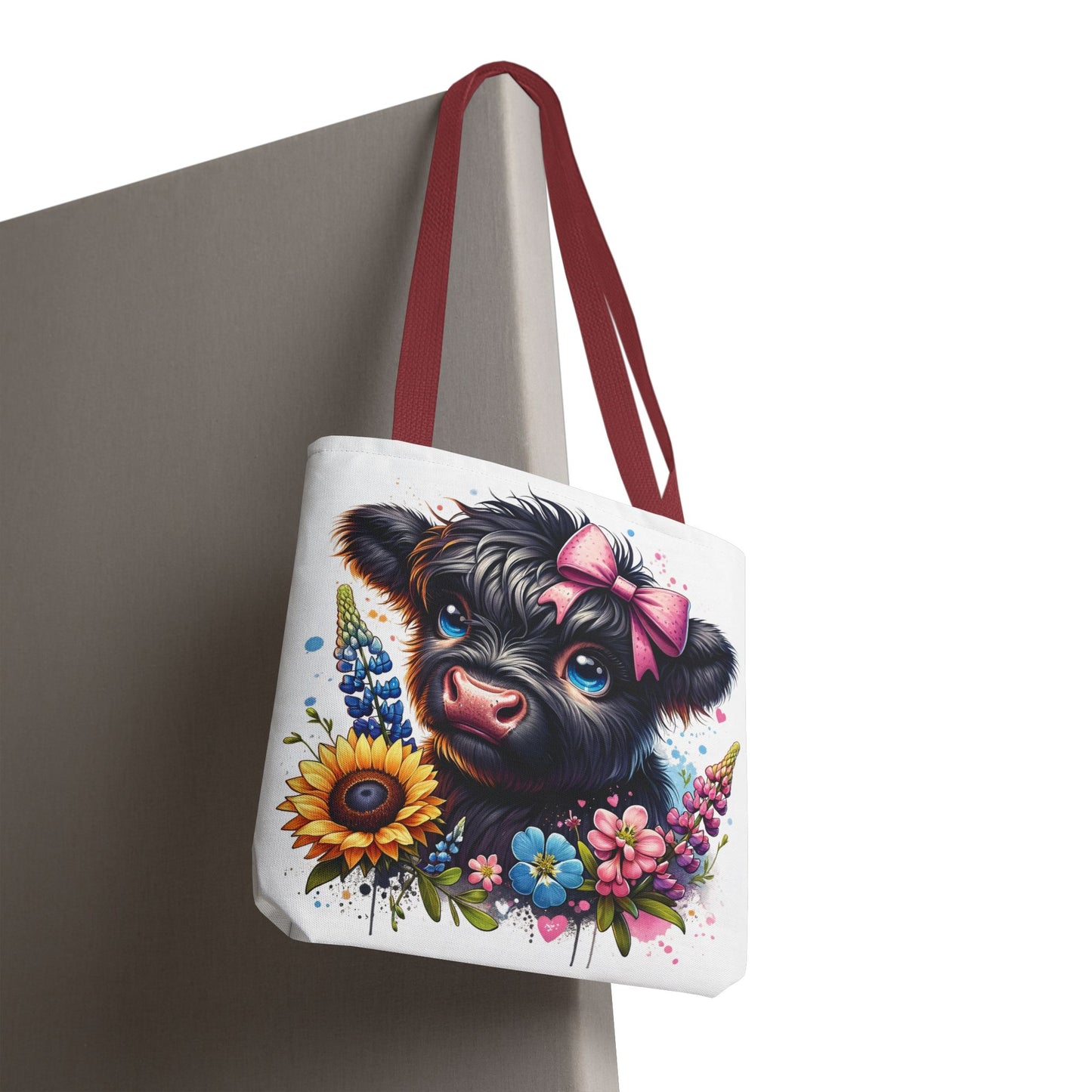 🌸 Black Highland Calf Floral Tote Bag – Sweet Style for Every Age 🐮👜