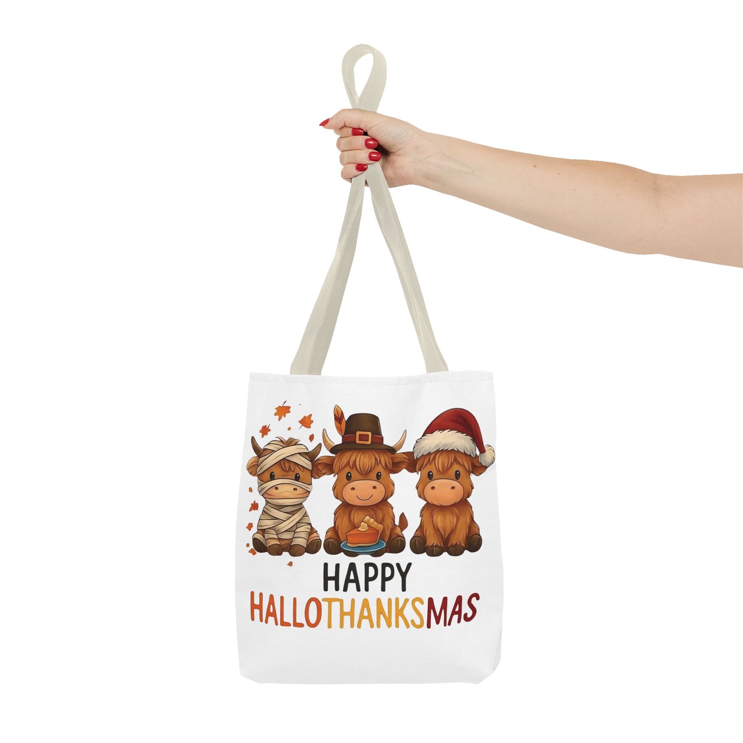 🐮 Happy Hallothanksmas Highland Cow Tote Bag – Holiday Fun All Season 🎃🦃🎄👜