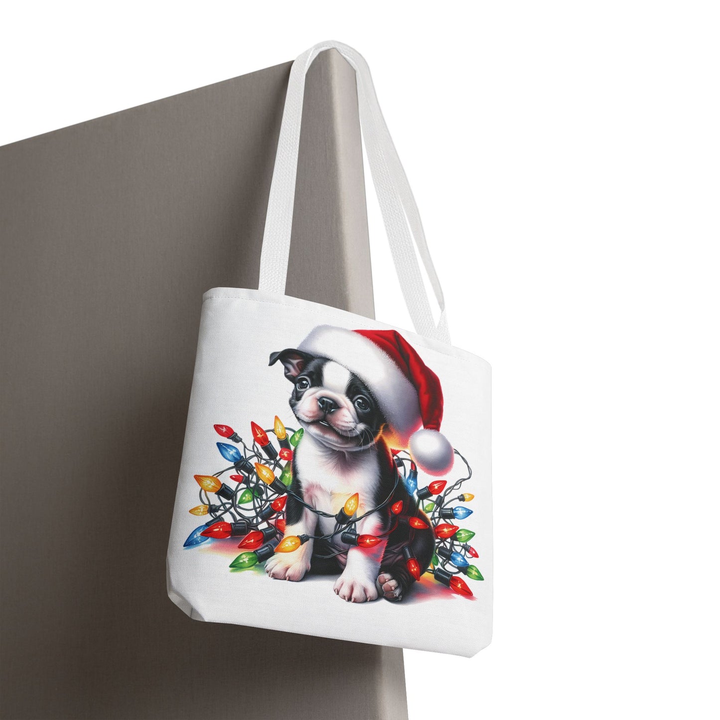 👜 Boston Terrier Christmas Lights Tote Bag – Holiday Sparkle Meets Puppy Love 🎄