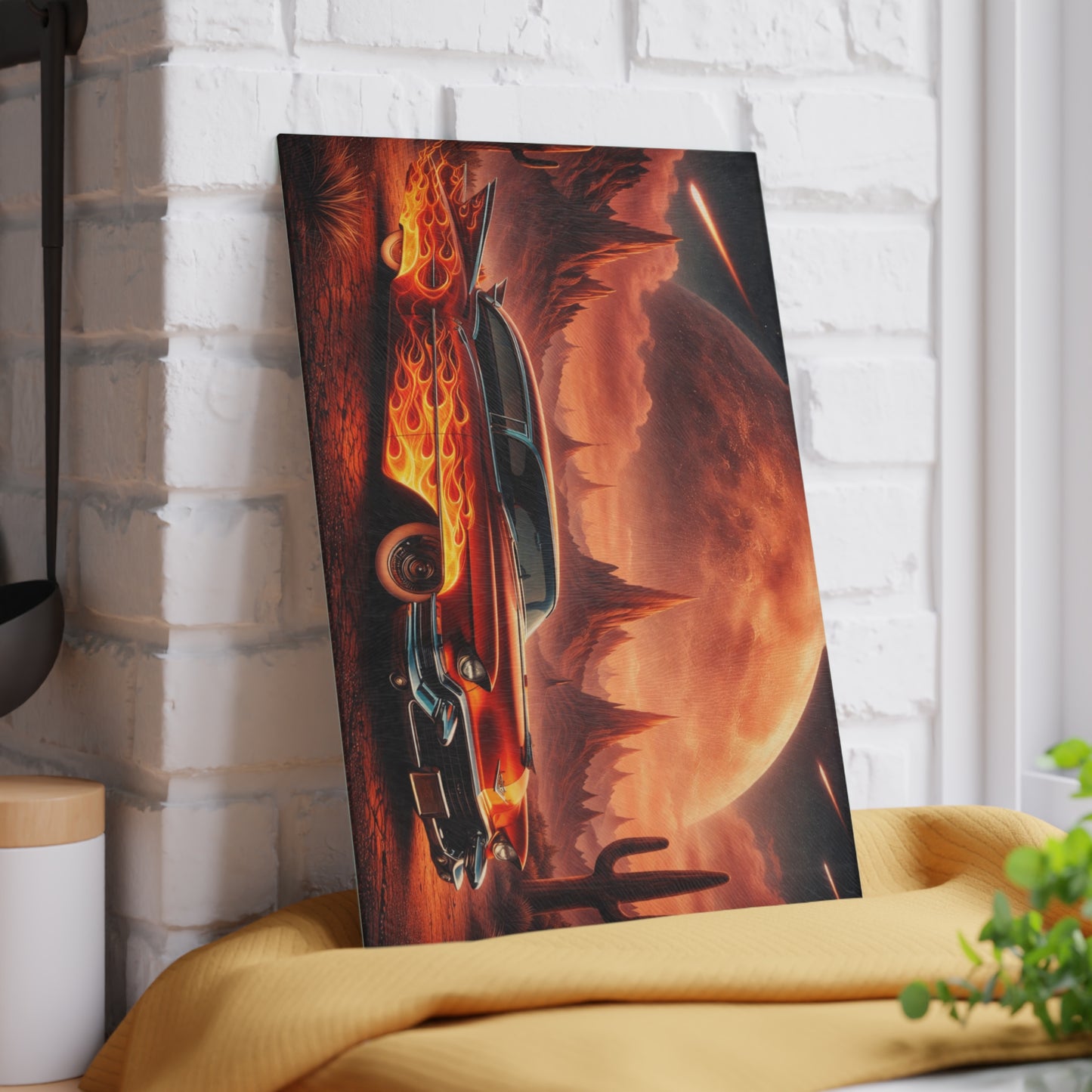 Inferno Desert Drive Glass Cutting Board – Flaming Classic Car Under Cosmic Desert Moon