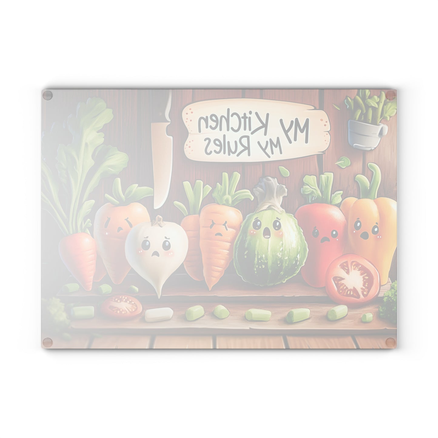 Tabla de cortar de vidrio “Mi cocina, mis reglas” – Verduras asustadas y humor de cocina atrevido