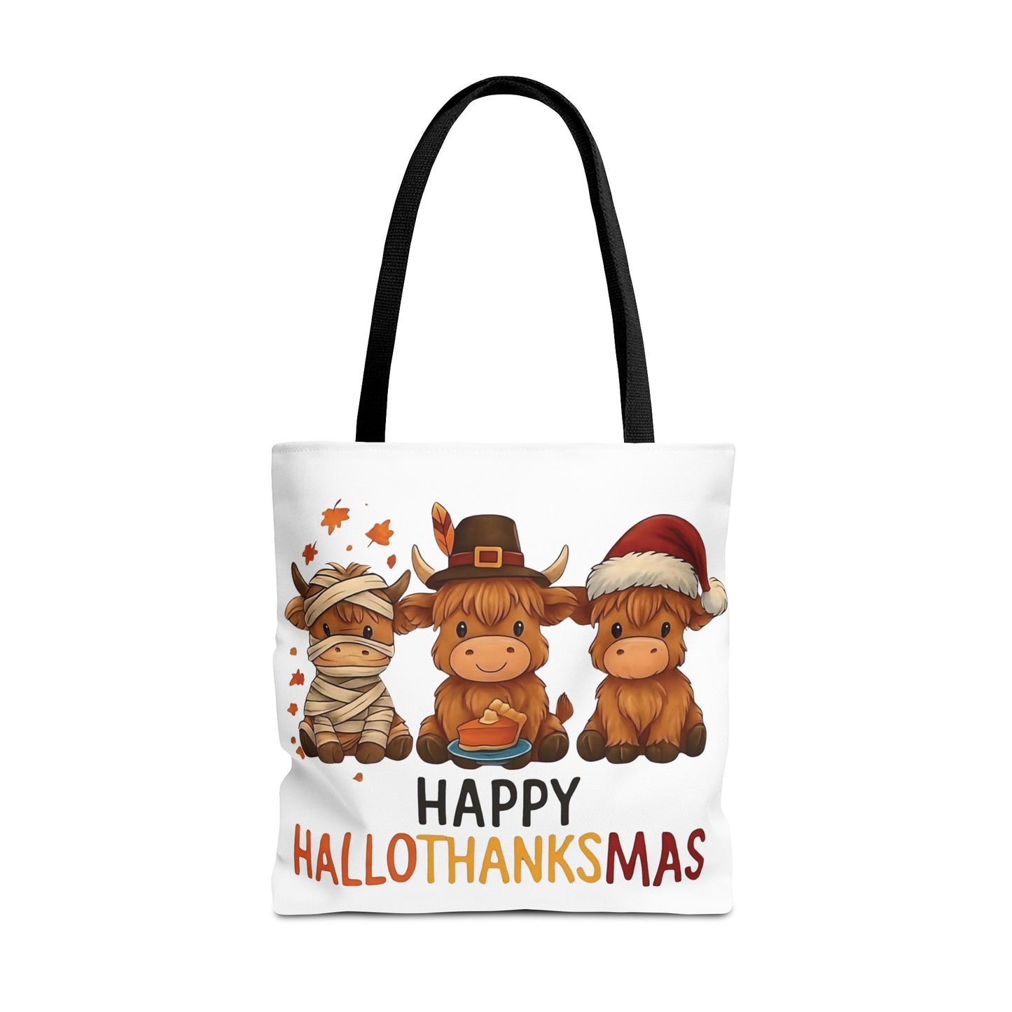 🐮 Happy Hallothanksmas Highland Cow Tote Bag – Holiday Fun All Season 🎃🦃🎄👜