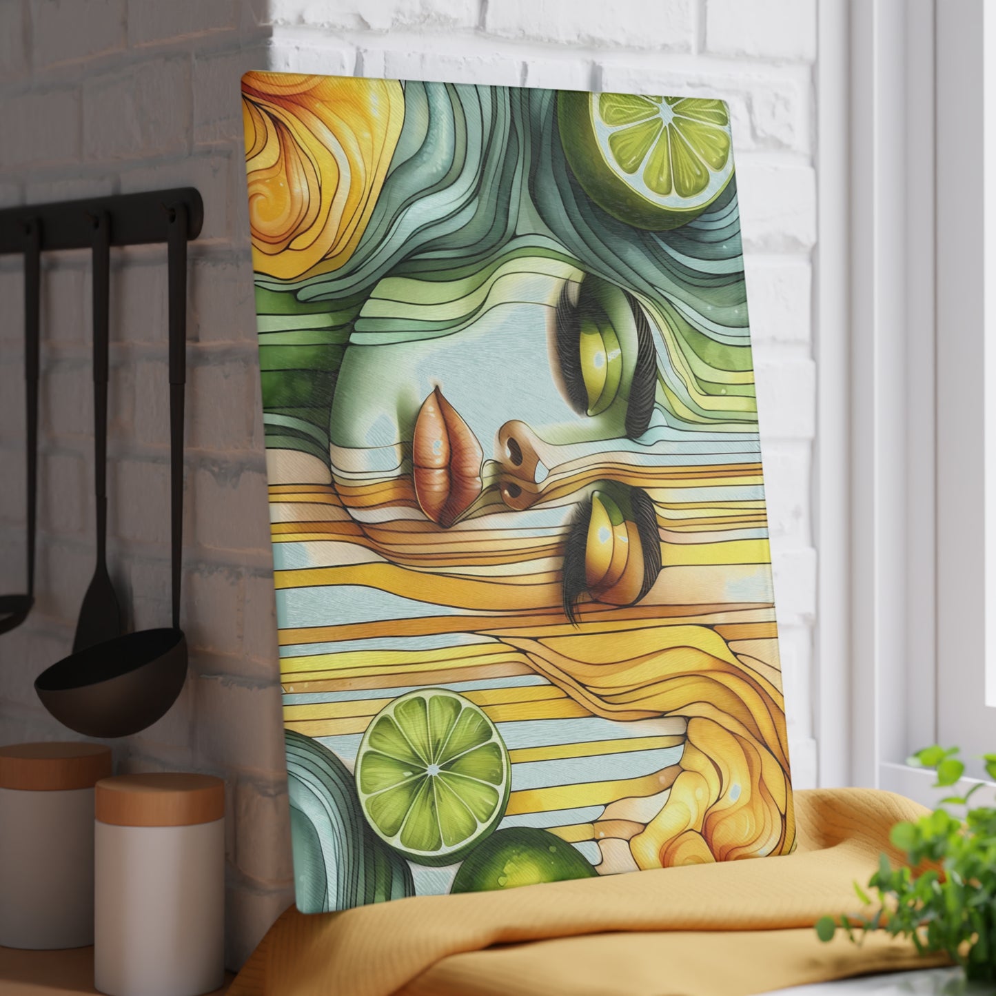 Tabla de cortar de vidrio con diseño de diosa de limón y lima: audaz, hermosa y refrescantemente única