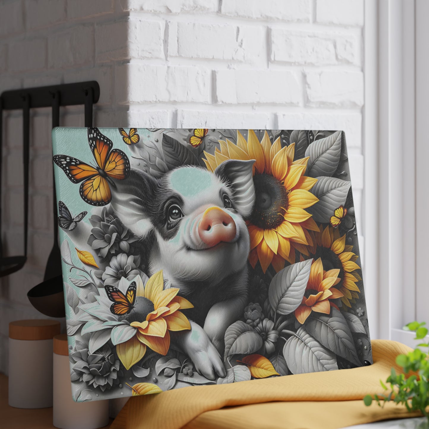 🐷 Sunflower Piglet with Butterflies Cutting Board – Farmhouse Kitchen Décor