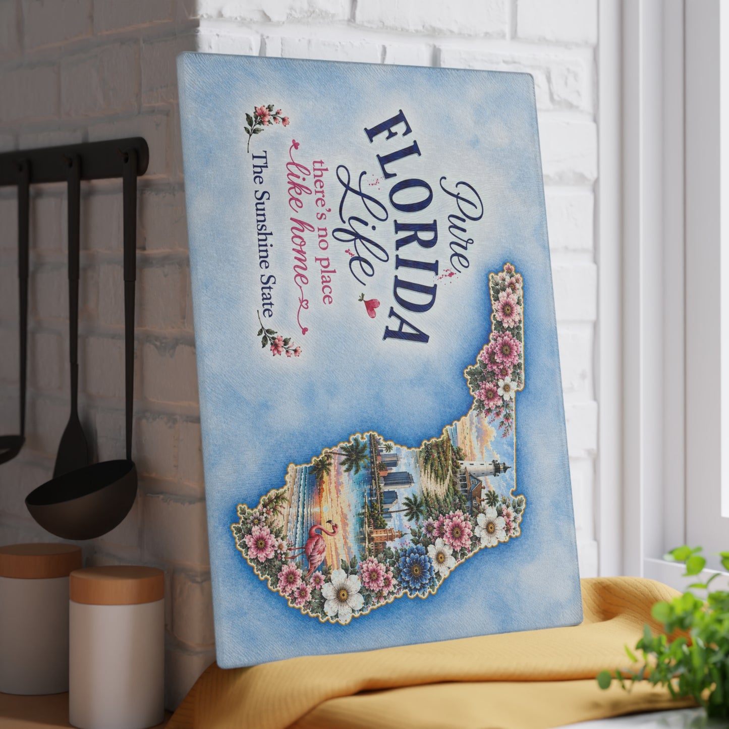 Pure Florida Life Glass Cutting Board – Sunshine State Floral Coastal Kitchen Decor