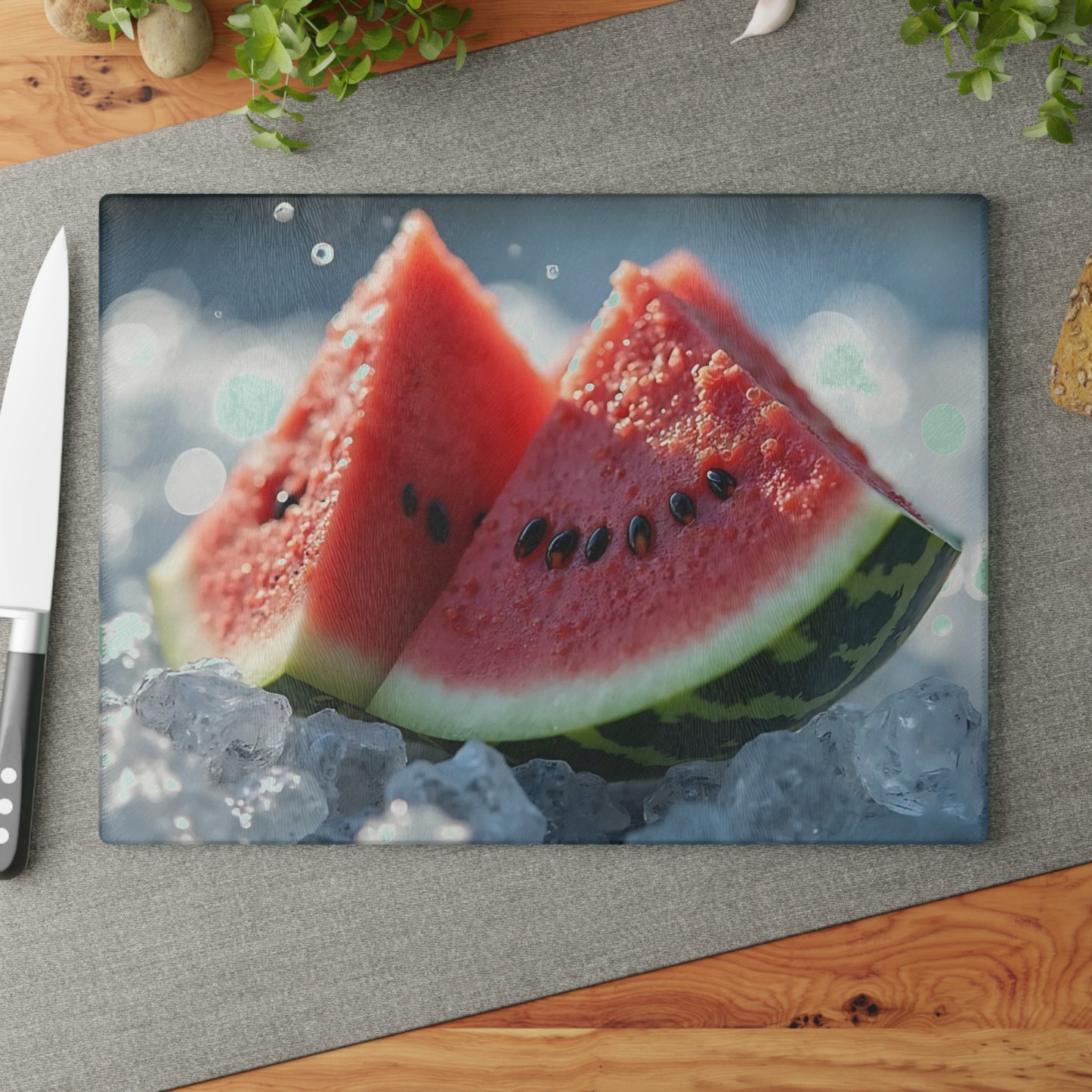 Tabla de cortar de vidrio con rodajas de sandía sobre hielo: una refrescante decoración de cocina de verano, un vibrante regalo con temática frutal.