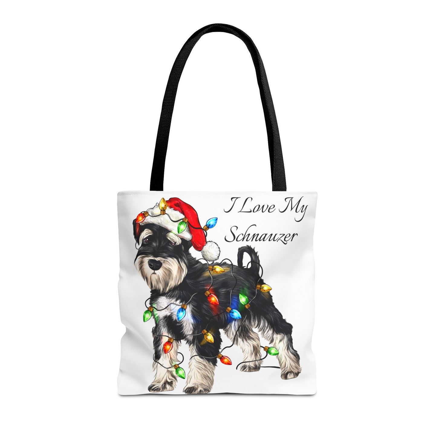 🎄 I Love My Schnauzer Tote Bag – Christmas Lights & Holiday Woofs 🐾