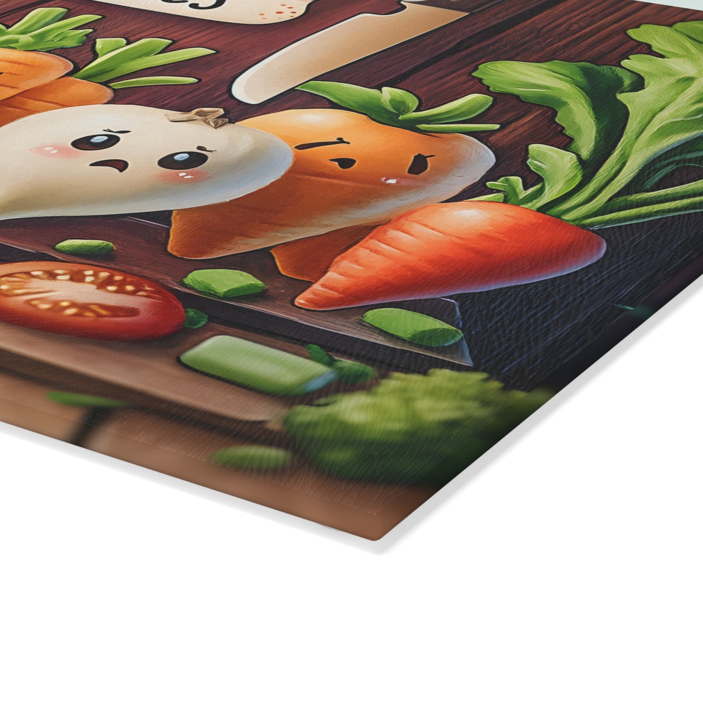 Tabla de cortar de vidrio “Mi cocina, mis reglas” – Verduras asustadas y humor de cocina atrevido