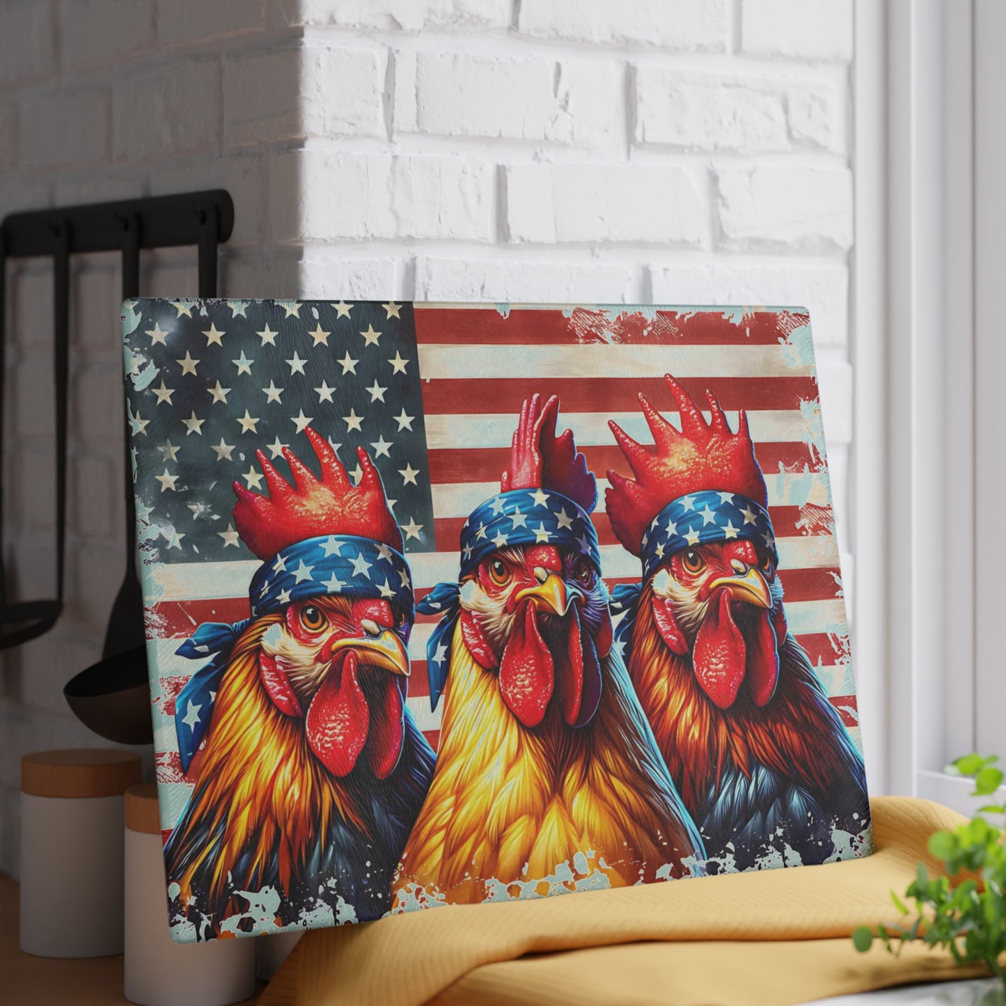 🐓🇺🇸 Patriotic Rooster Bandana Cutting Board – Bold Farmhouse Americana Kitchen Décor 🌾✨