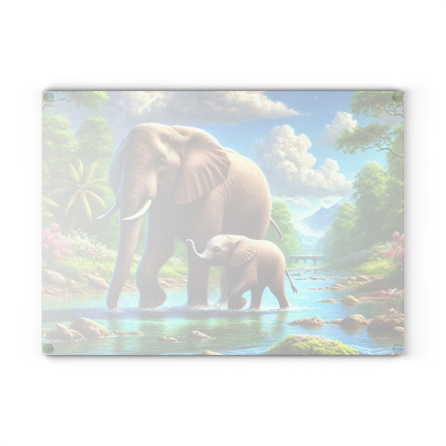 Mother elephant and her baby tempered glass cutting board - walking down a peaceful water creek