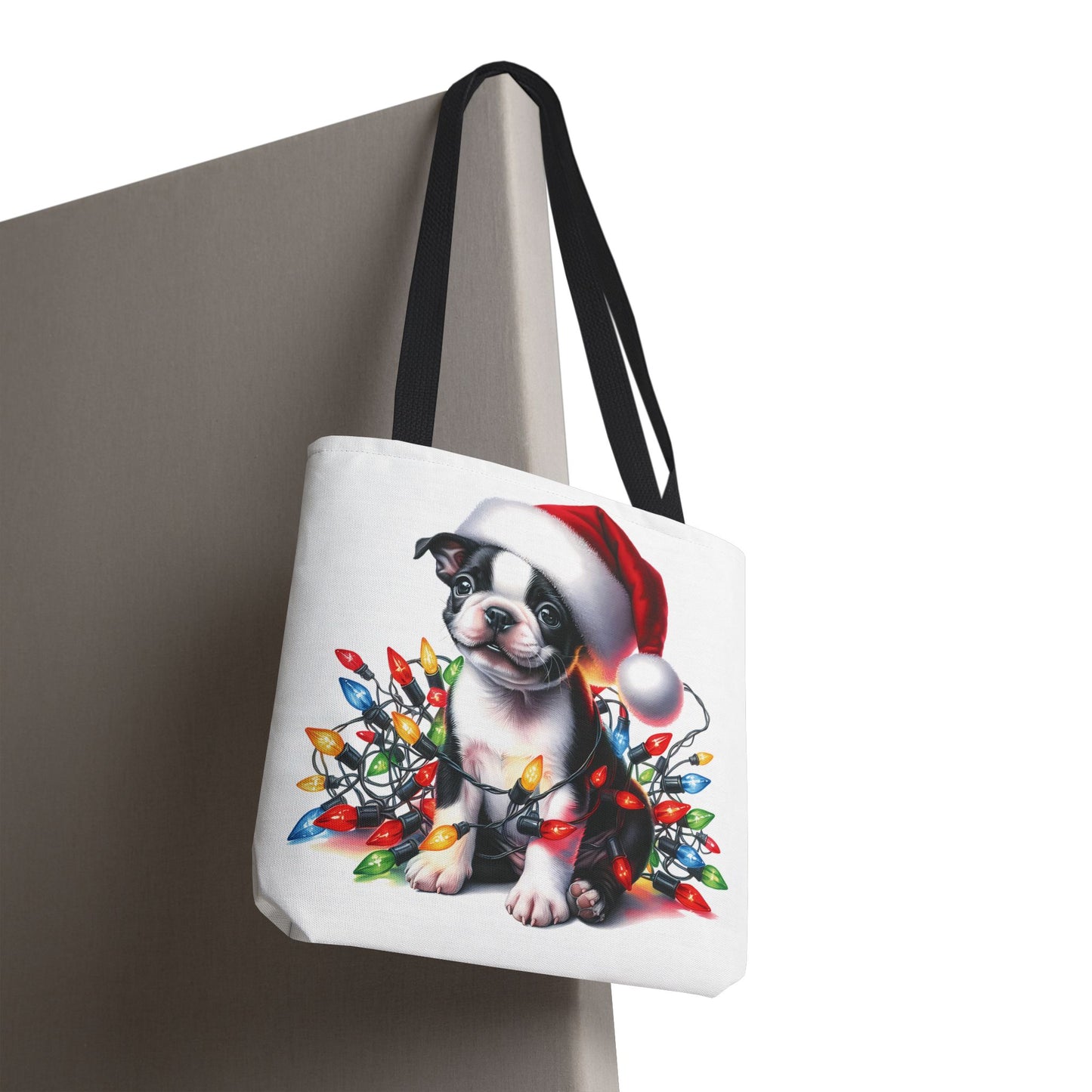 👜 Boston Terrier Christmas Lights Tote Bag – Holiday Sparkle Meets Puppy Love 🎄