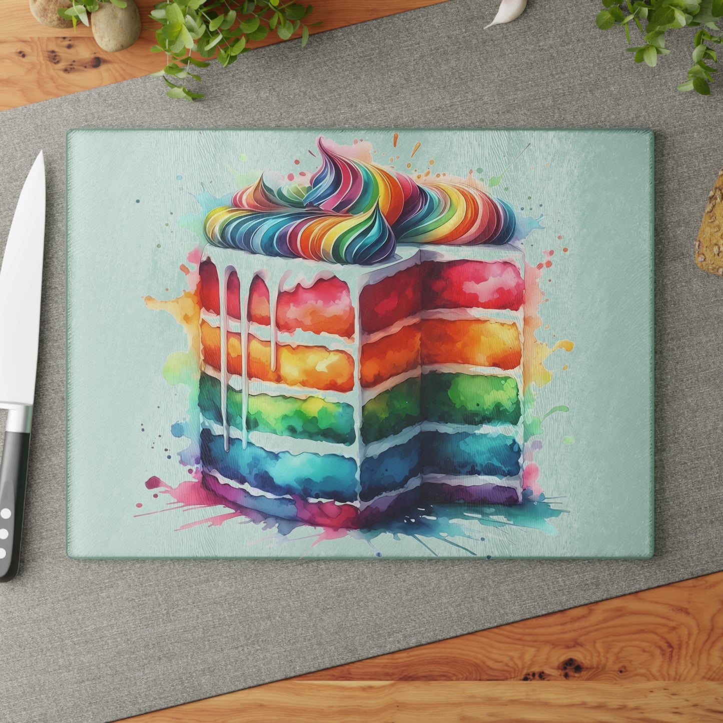 Tabla de cortar de vidrio templado con diseño de pastel arcoíris