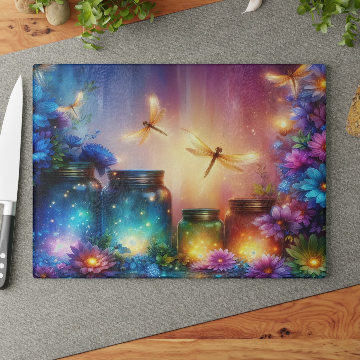 ✨🌸 Enchanted Dragonfly Glow Cutting Board – Magical Floral Garden Elegance 🌸✨