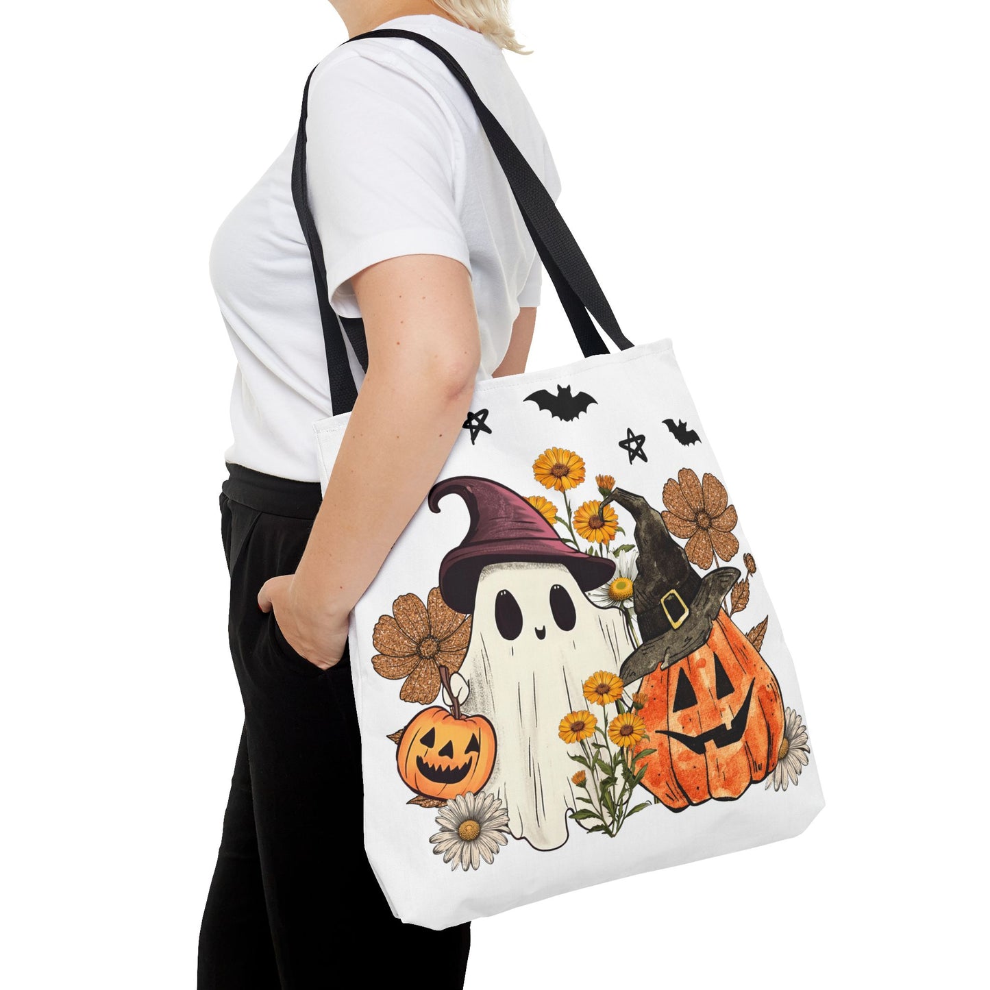🎃 Ghost & Pumpkin Floral Tote Bag – Whimsical Halloween Charm 👻👜