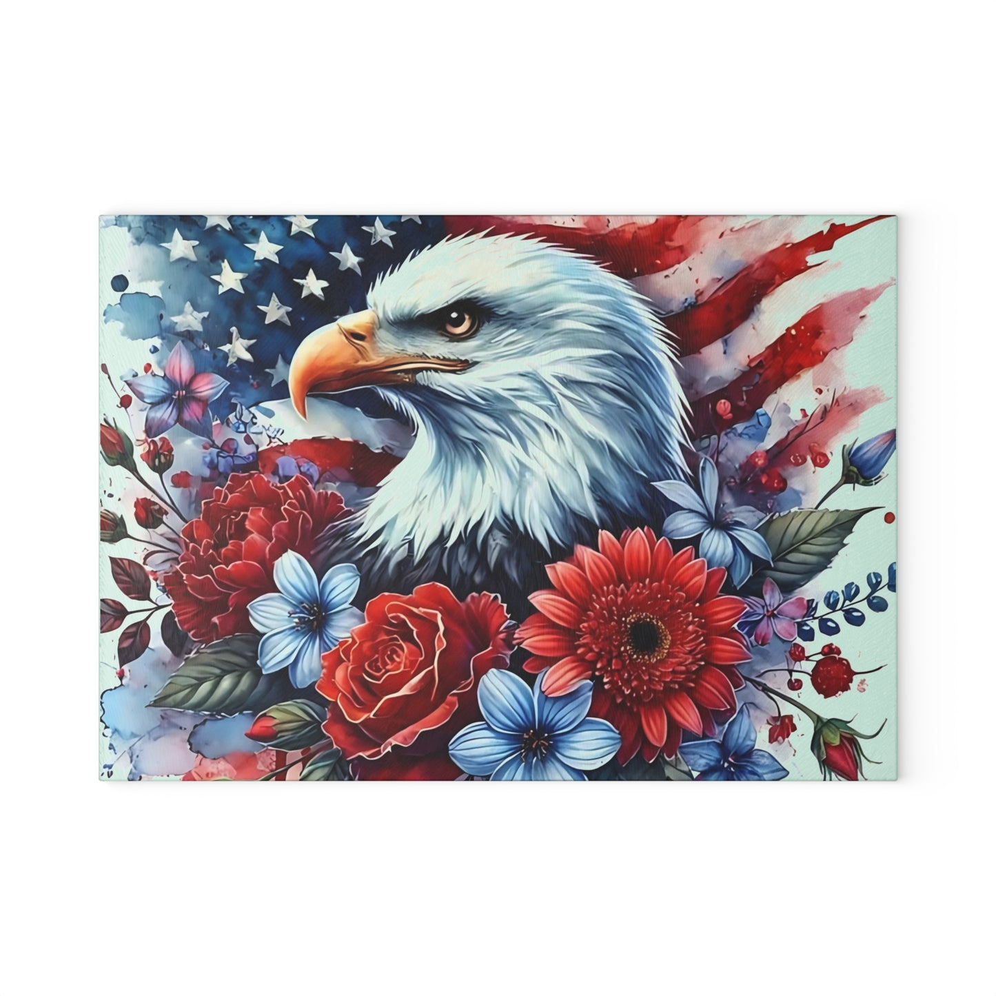 Tabla de cortar con diseño de águila calva y bandera estadounidense, regalo único, tabla de cortar de vidrio, tabla de charcutería, tabla de cortar personalizada, flores