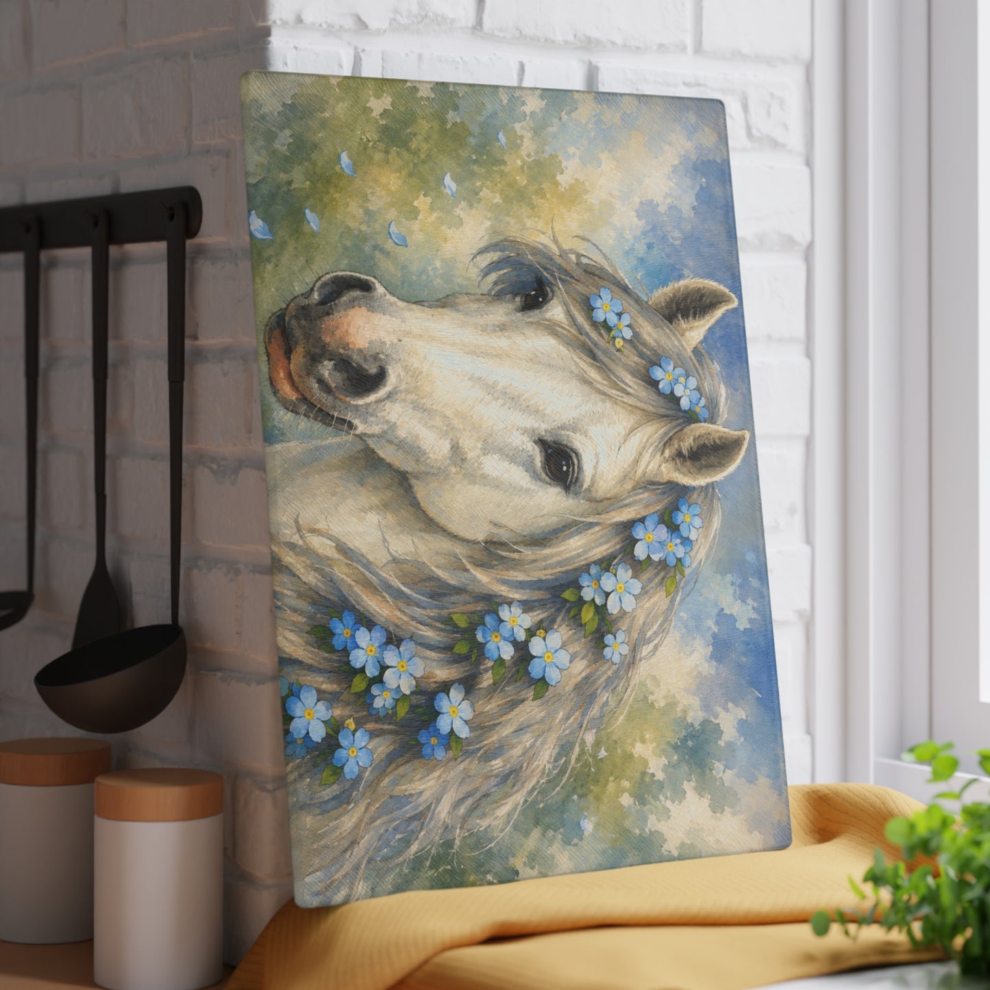 White Horse with Forget-Me-Not Flowers Glass Cutting Board – Elegant Equestrian Kitchen Decor