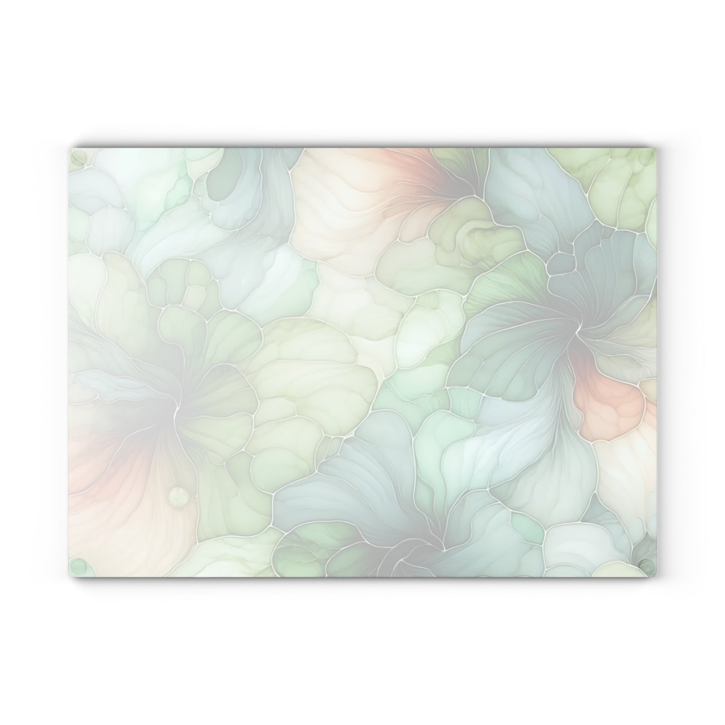 Tabla de cortar de vidrio abstracto en verde, óxido y verde azulado: elegancia y funcionalidad.