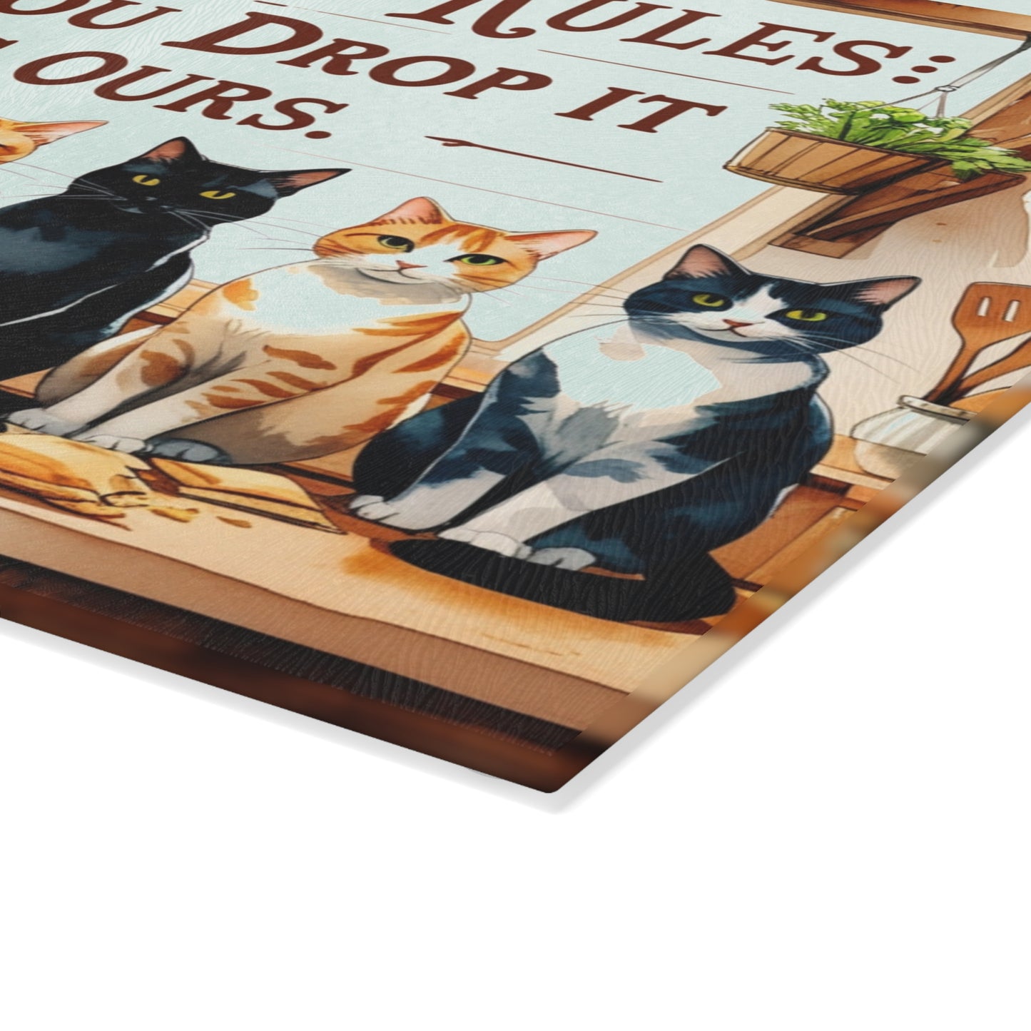 🐱🍴 Kitchen Rules Cat Cutting Board – “If You Drop It, It’s Ours” 🍴🐱