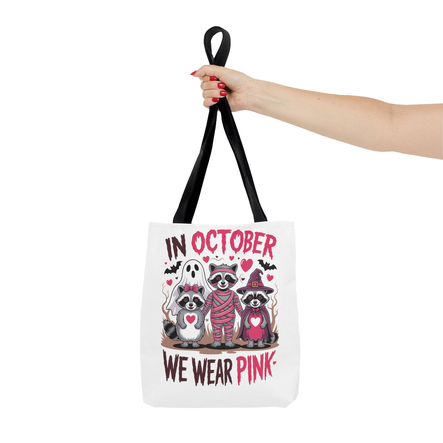 🎀 In October We Wear Pink Raccoon Halloween Tote Bag – Spooky Cute Awareness Style 🦝👜