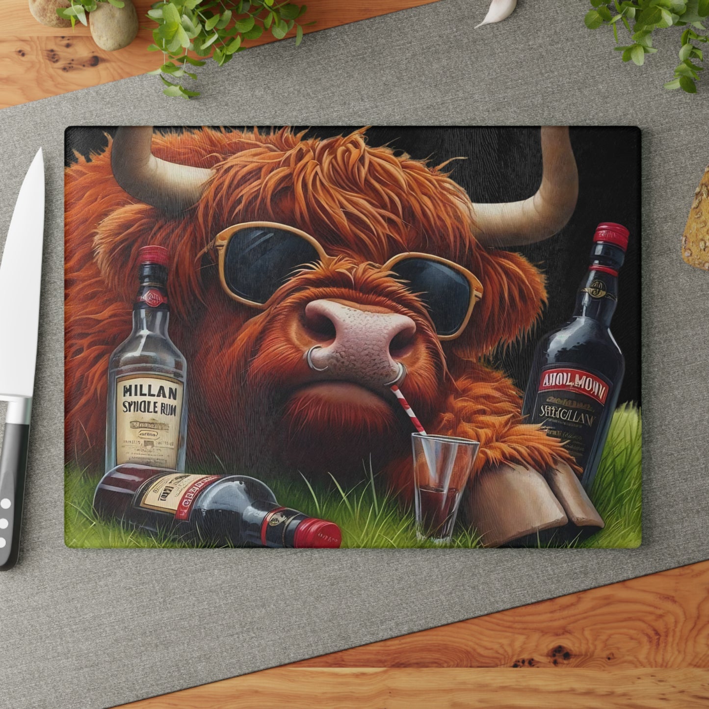 Tabla de cortar de vaca, tabla de cortar de vidrio templado, tabla de charcutería, tabla de cortar, regalo de inauguración de la casa, tabla de cortar personalizada, regalo de whisky