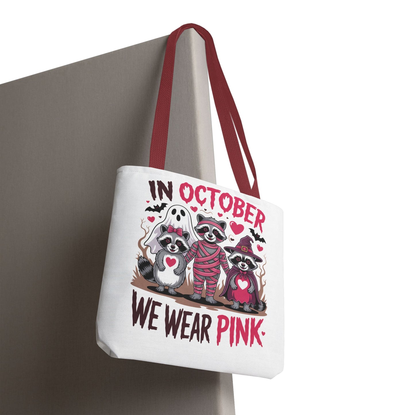 🎀 In October We Wear Pink Raccoon Halloween Tote Bag – Spooky Cute Awareness Style 🦝👜