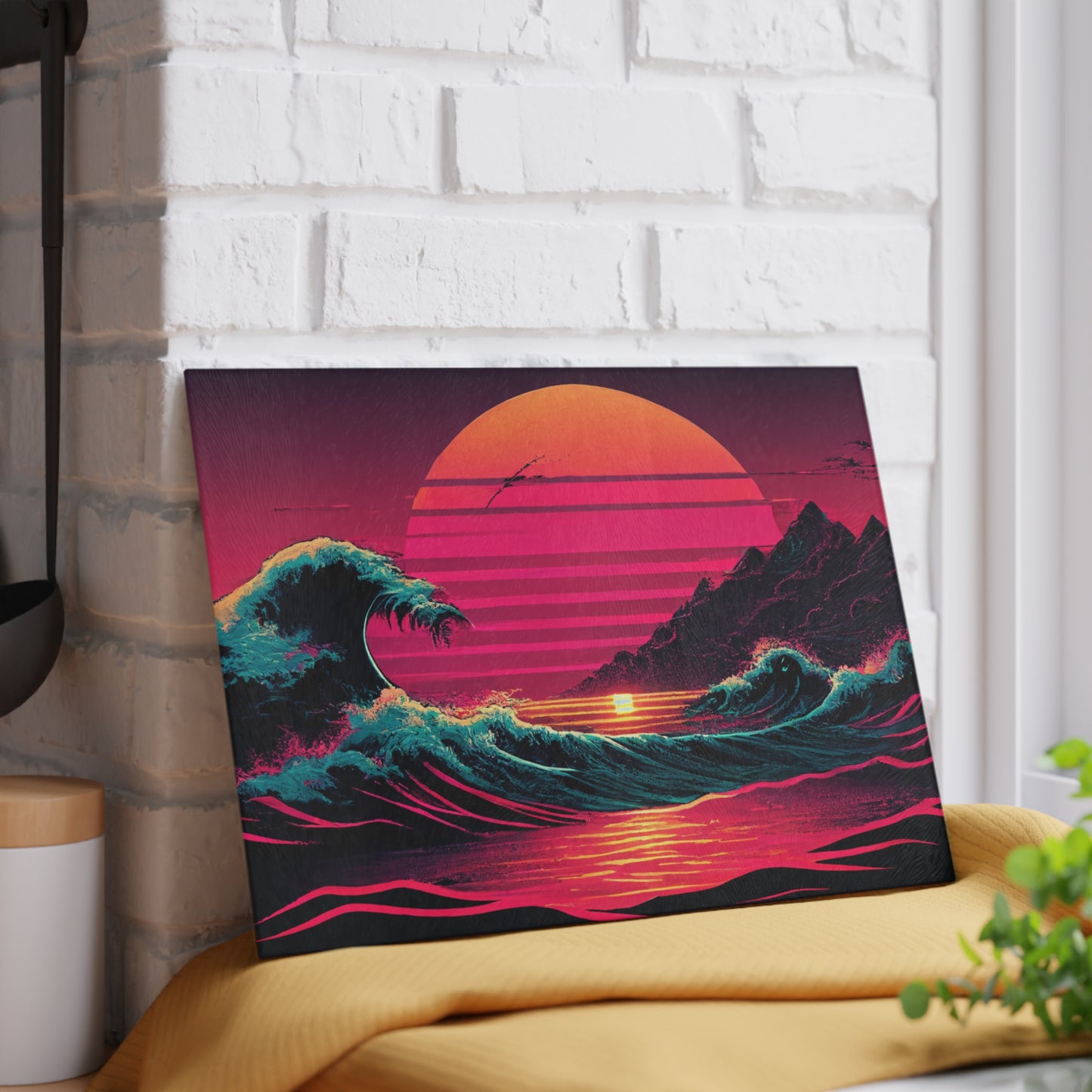 Tabla de cortar de vidrio con diseño de playa y palmeras – Decoración de cocina costera