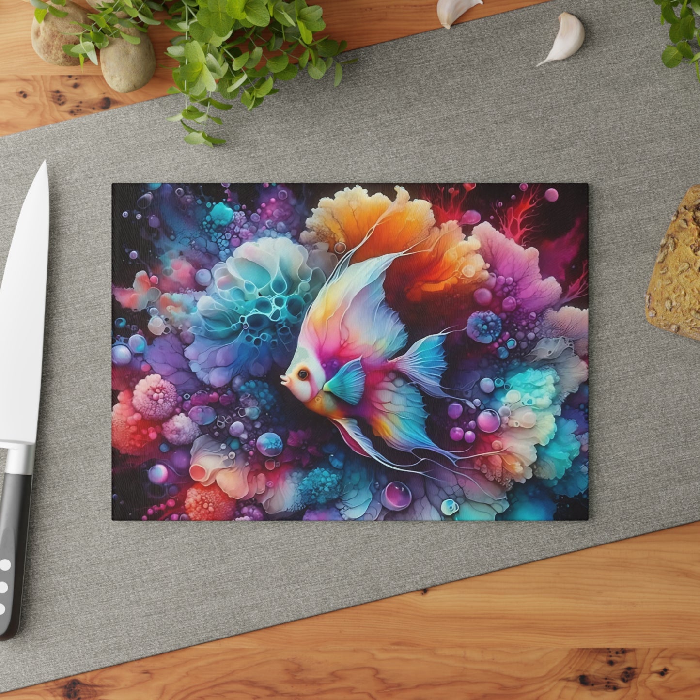 Tabla de cortar de vidrio con diseño de pez fantasía vibrante: Elegancia de arrecife de acuarela para cocinas artísticas