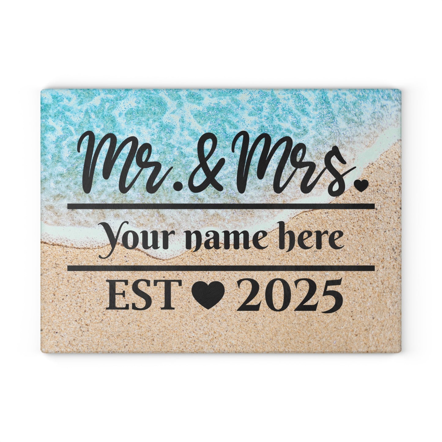 Tabla de cortar Mr. & Mrs. Ocean Shoreline: regalo de boda personalizado con apellido y año