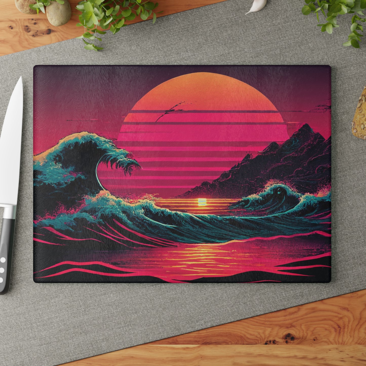 Tabla de cortar de vidrio con diseño de playa y palmeras – Decoración de cocina costera