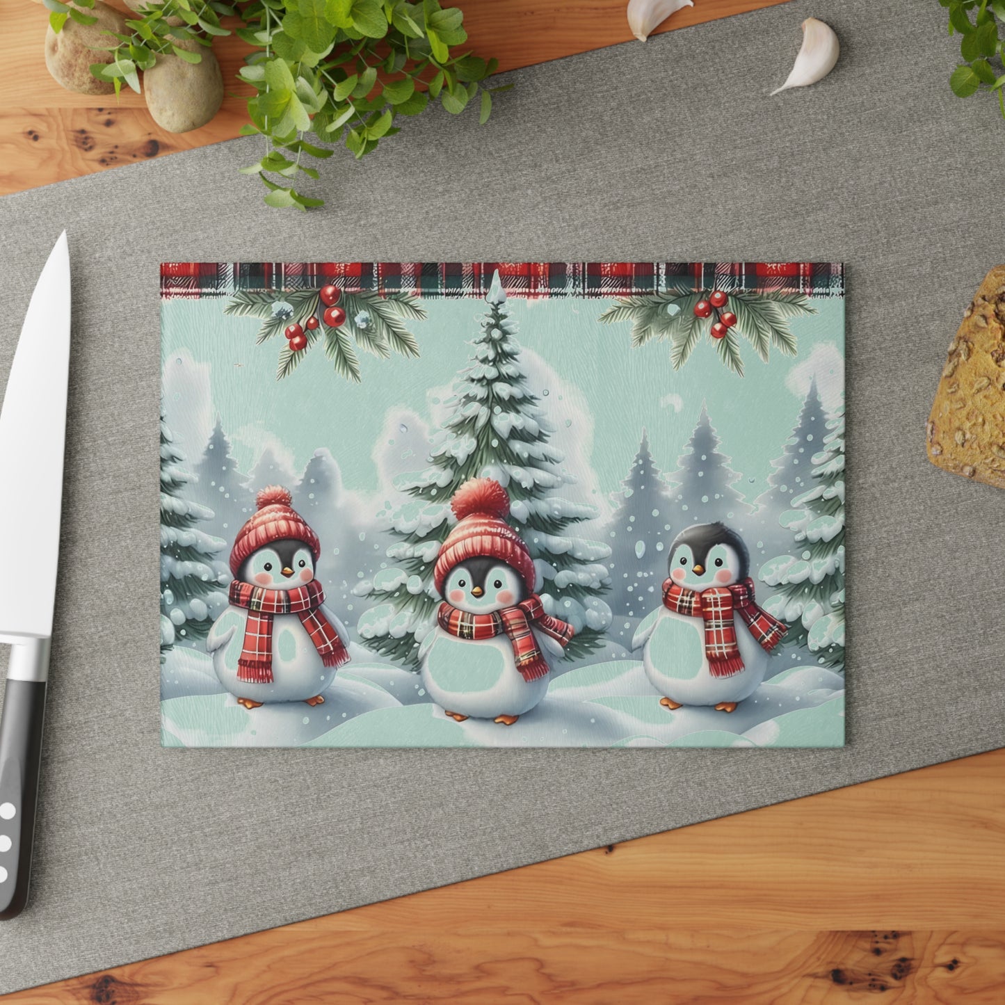 🐧🎄 Winter Penguin Wonderland Cutting Board – Festive Holiday Kitchen Décor with Plaid Accents ❄️✨