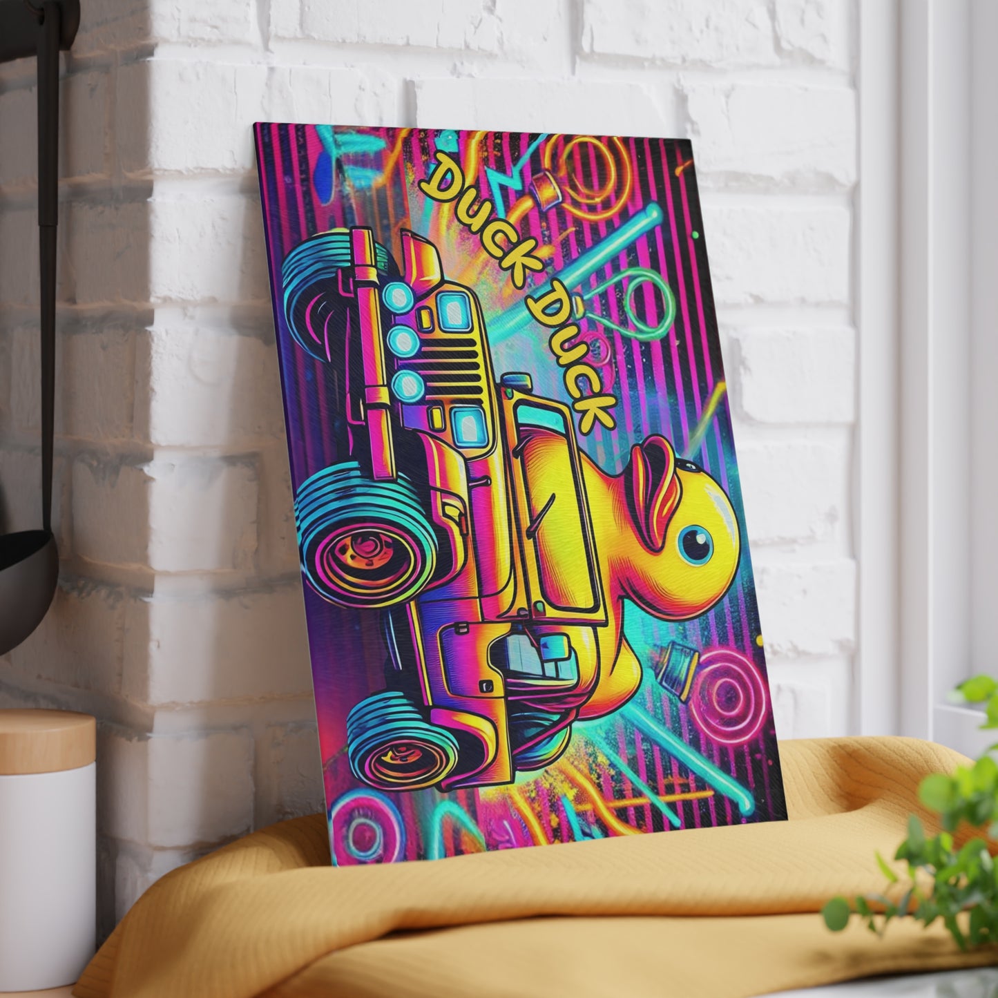 Tabla de cortar de vidrio con diseño de jeep neón y patito de goma: decoración todoterreno vibrante para la cocina, tabla de cortar para jeep, jeep neón, jeep con patito de goma