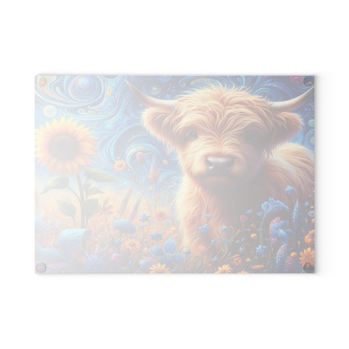 🐮🌻 Whimsy Highland Cow Glass Cutting Board – Floral Fantasy Farmhouse Style