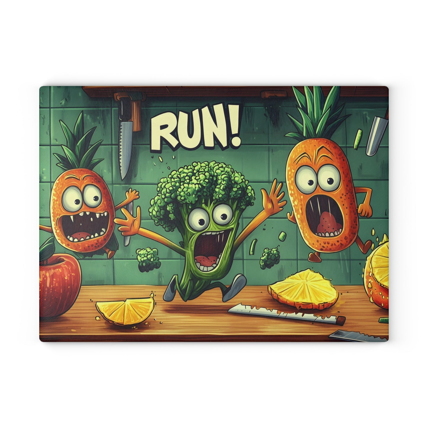 Tabla de cortar de vidrio "¡CORRE!" - Decoración de cocina de humor de Scared Veggies 😱🔪