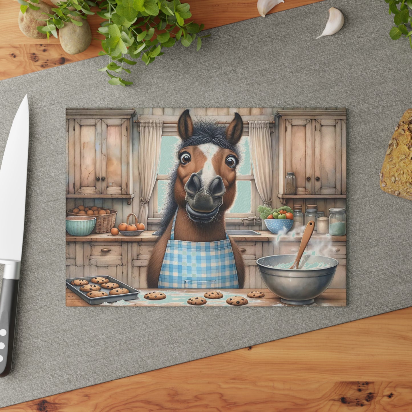 🐴🍪 “Baking Buddy Horse” Glass Cutting Board – Cozy Laughs for Your Kitchen