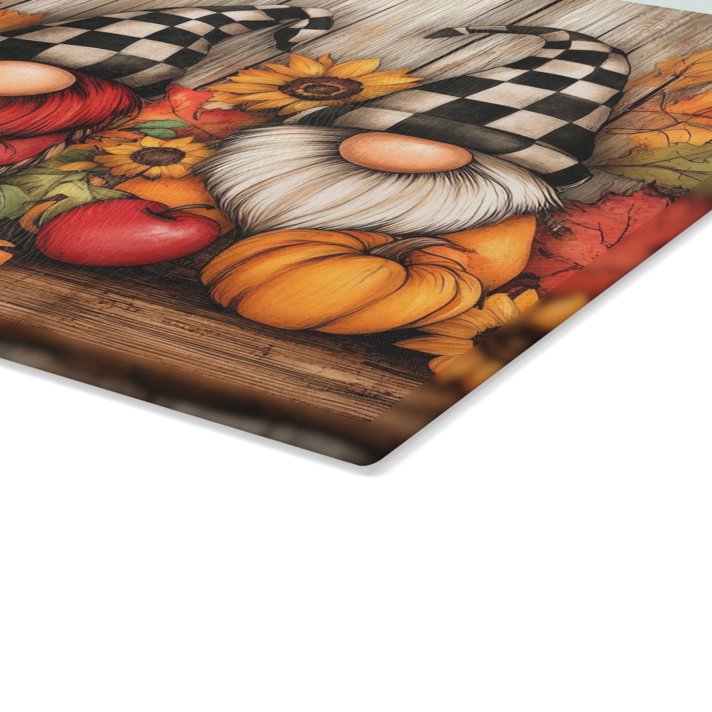 🍎 Fall Harvest Gnome Trio Cutting Board – Rustic Charm with Sunflowers, Apples & Checkered Hats 🍂🎃