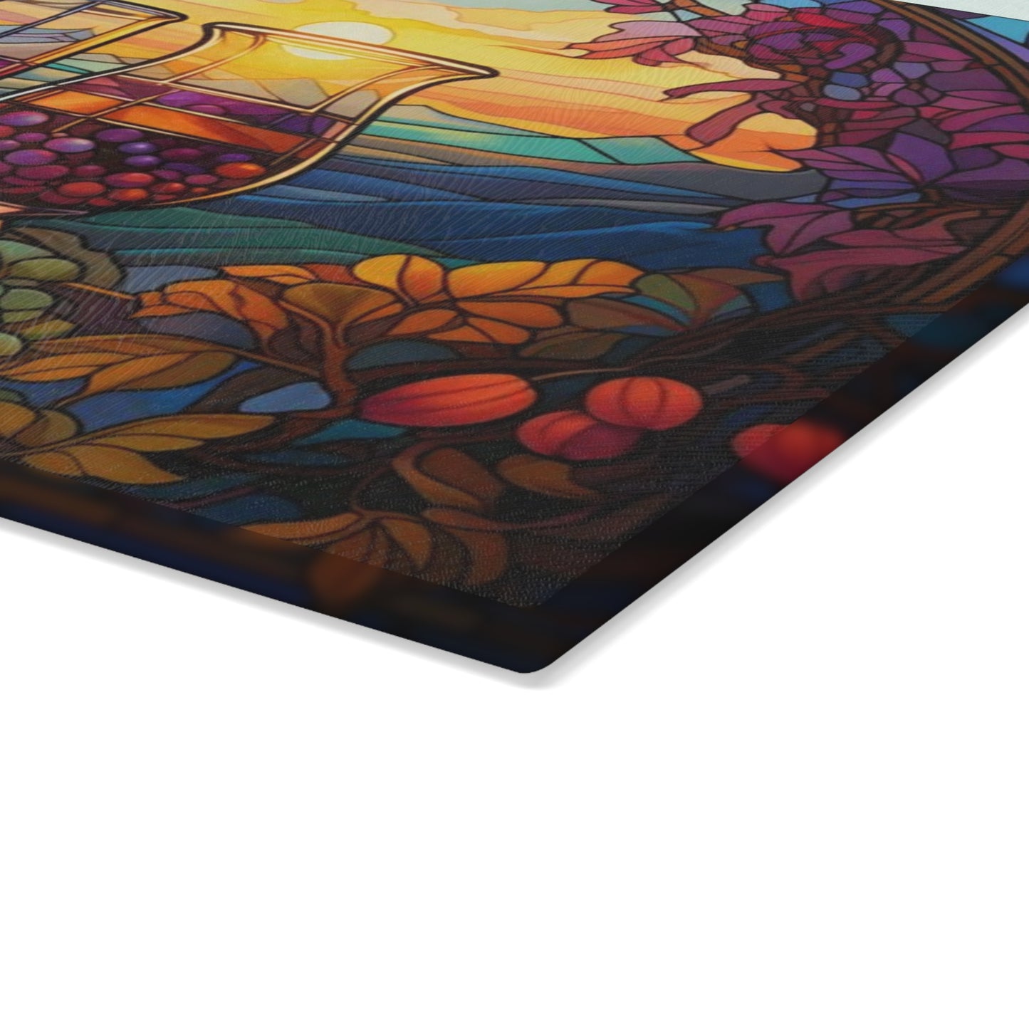 Tabla de cortar de vidrio templado con copas de vino de colores – Diseño Sunset Vineyard