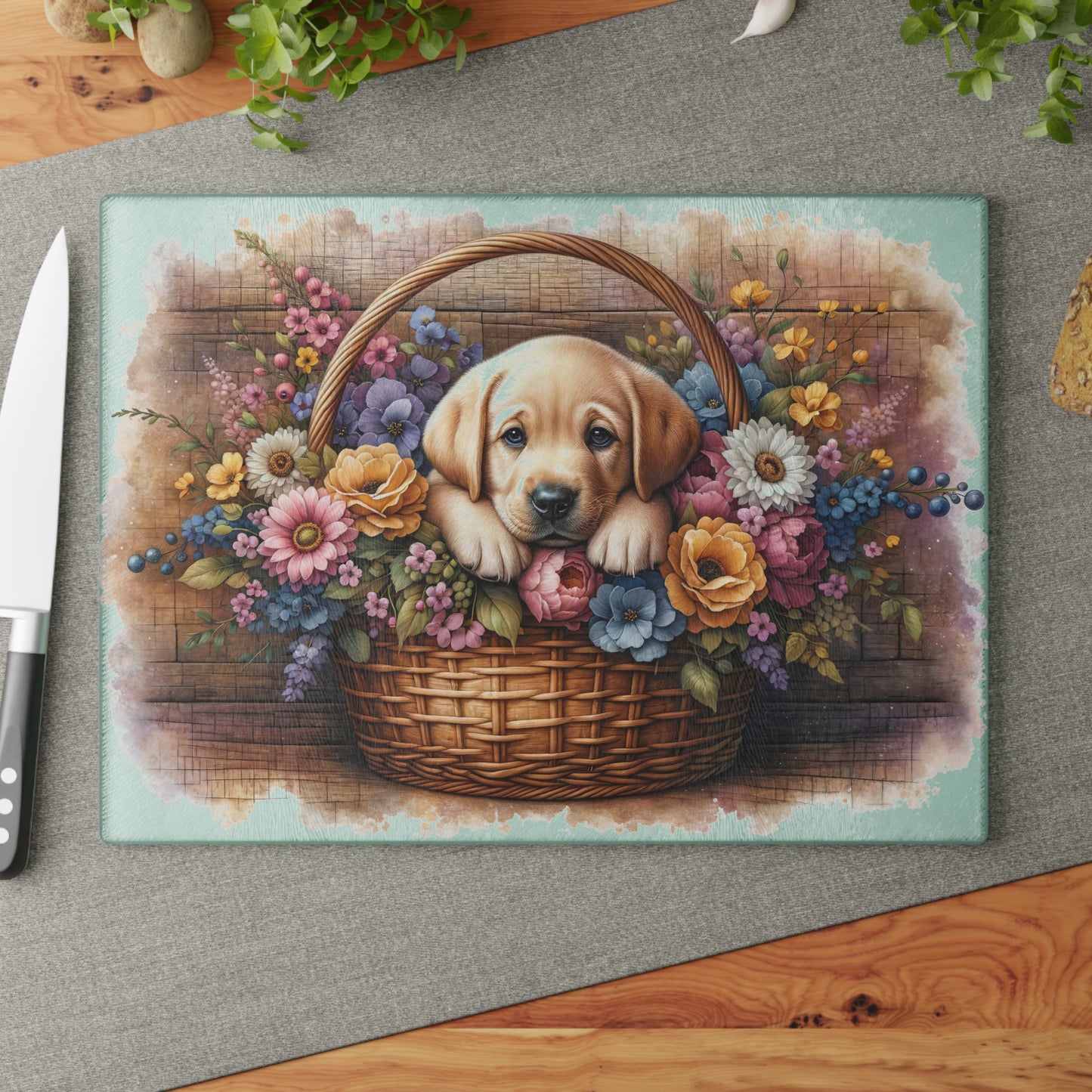 🐾🌼 Yellow Labrador Puppy in Basket Cutting Board – Rustic Charm with Floral Elegance 🌸