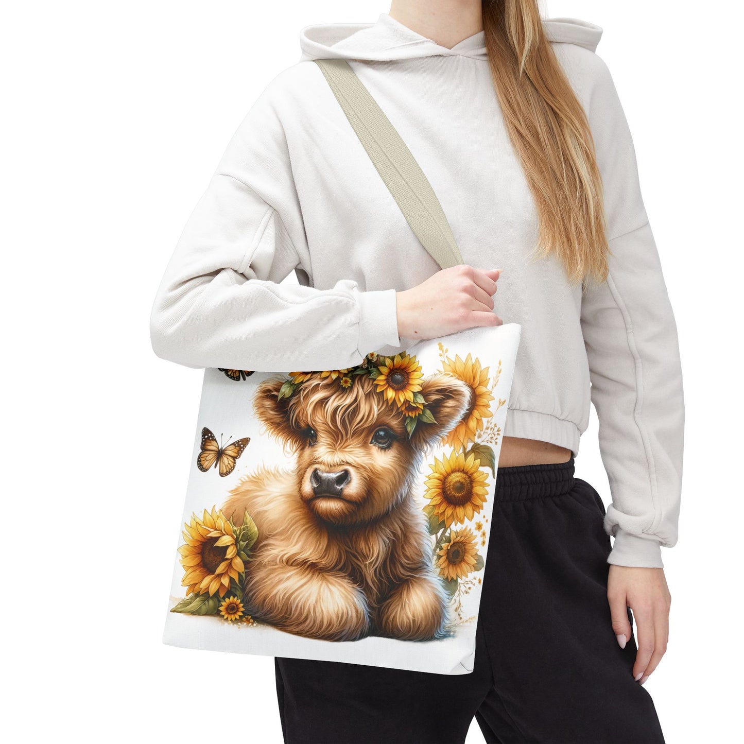 🌻 Sunflower Crown Highland Calf Tote Bag – Country Charm & Butterfly Bliss 🐮👜