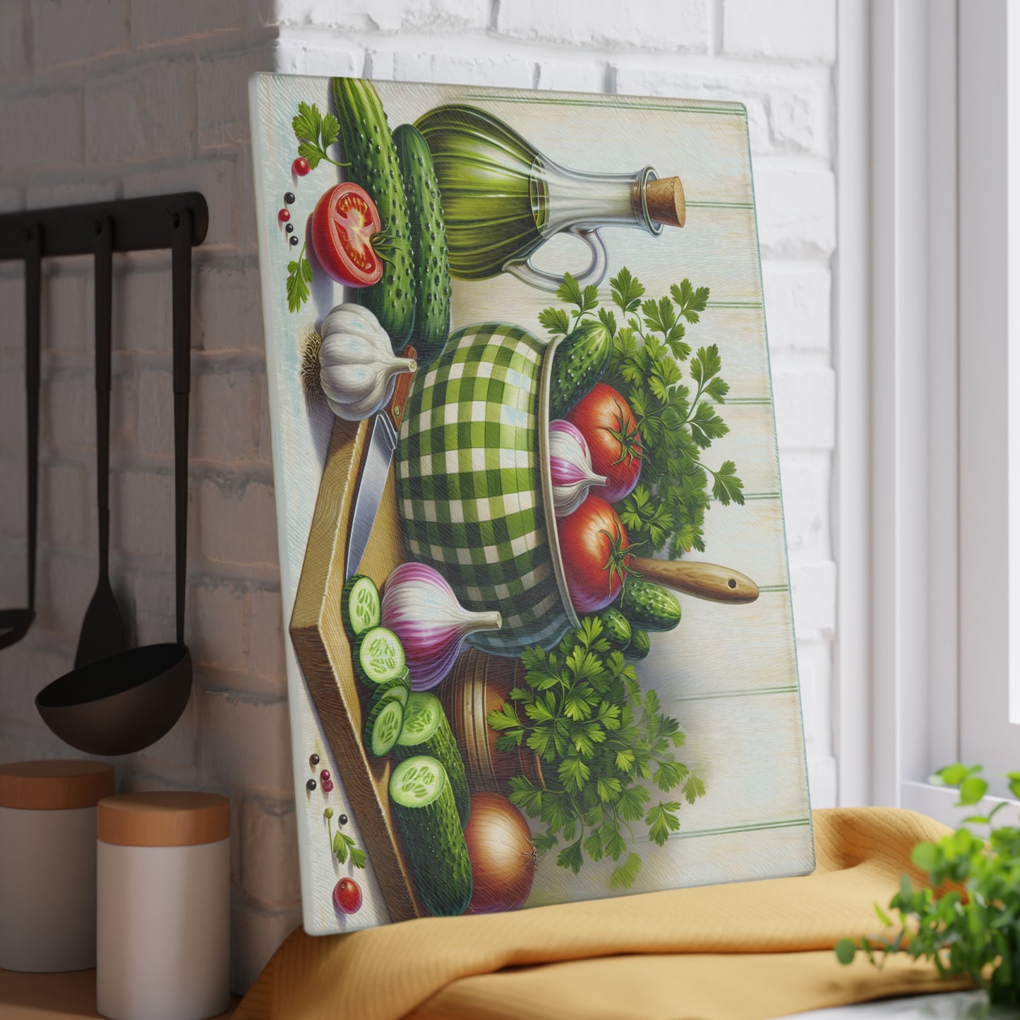 Tabla de cortar pepinos y tomates frescos de granja: un encanto campestre para tu cocina