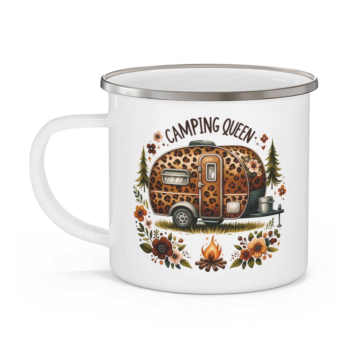 Taza elegante de esmalte para acampar: perfecta para amantes de la naturaleza, amantes de las actividades al aire libre y reuniones alrededor de fogatas. Regalo de camping, taza de camping, decoración bohemia, reina del camping.