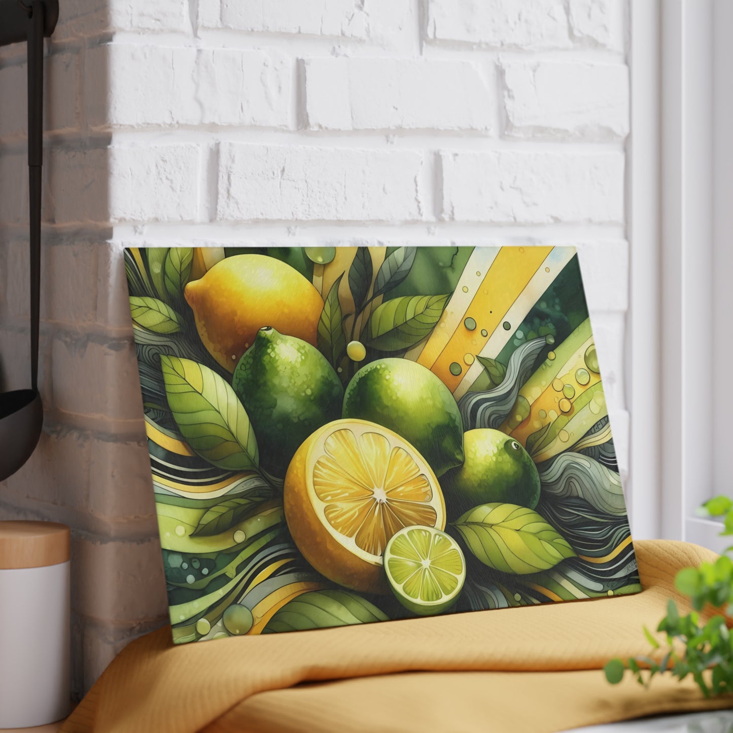 Tabla de cortar de vidrio con limones y limas frescas: decoración de cocina y estilo para servir con un toque cítrico