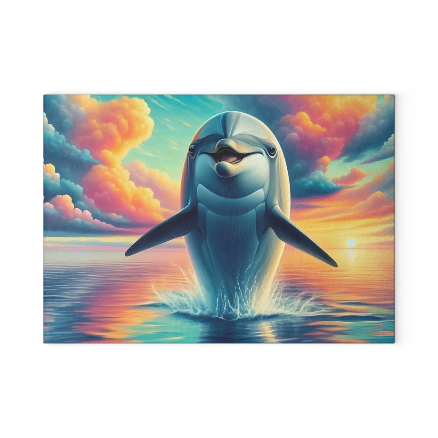Happy Dolphin & Rainbow-Colored Clouds Glass Cutting Board – Whimsical Ocean Kitchen Art