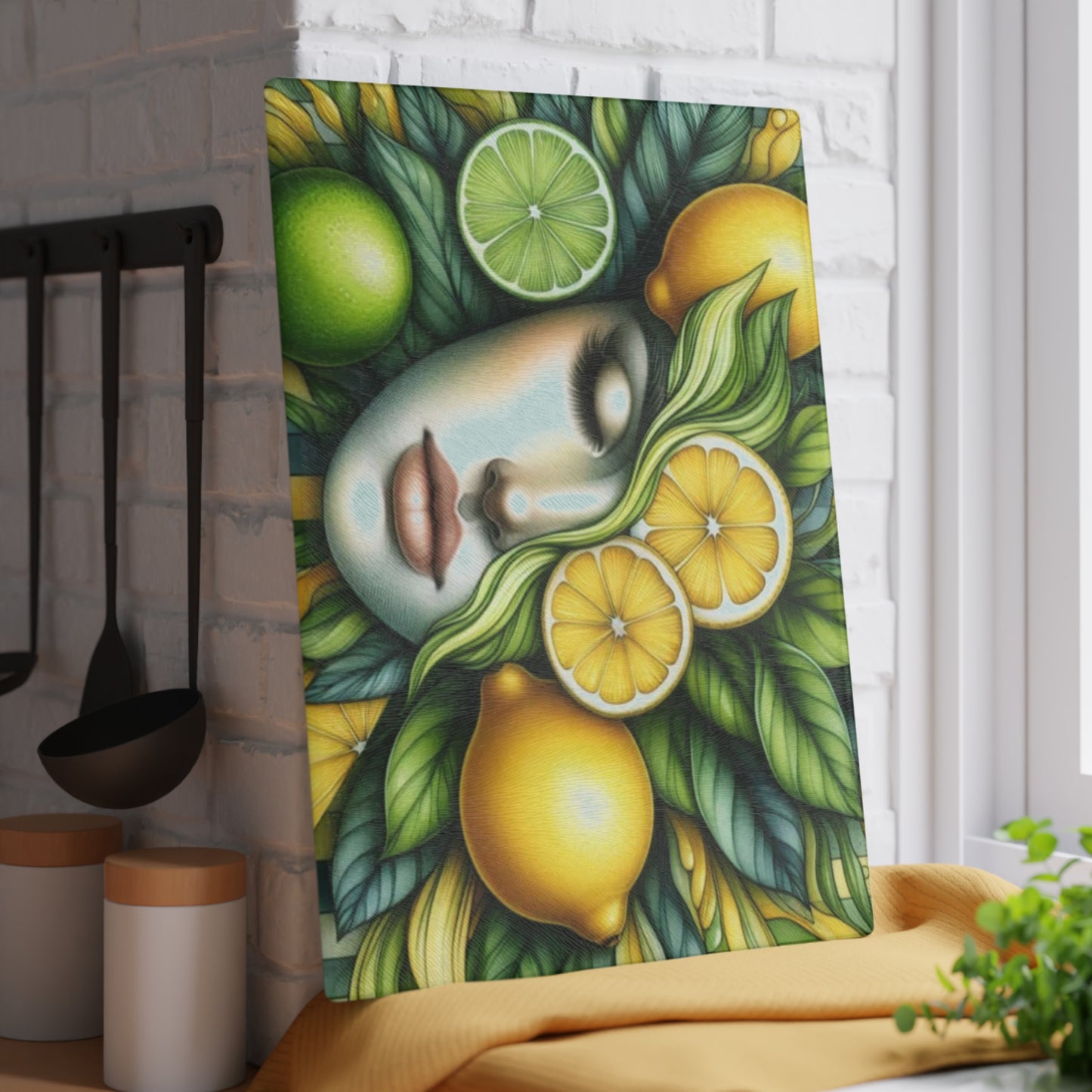 Tabla de cortar de vidrio con diseño de diosa de limón y lima: audaz, hermosa y refrescantemente única
