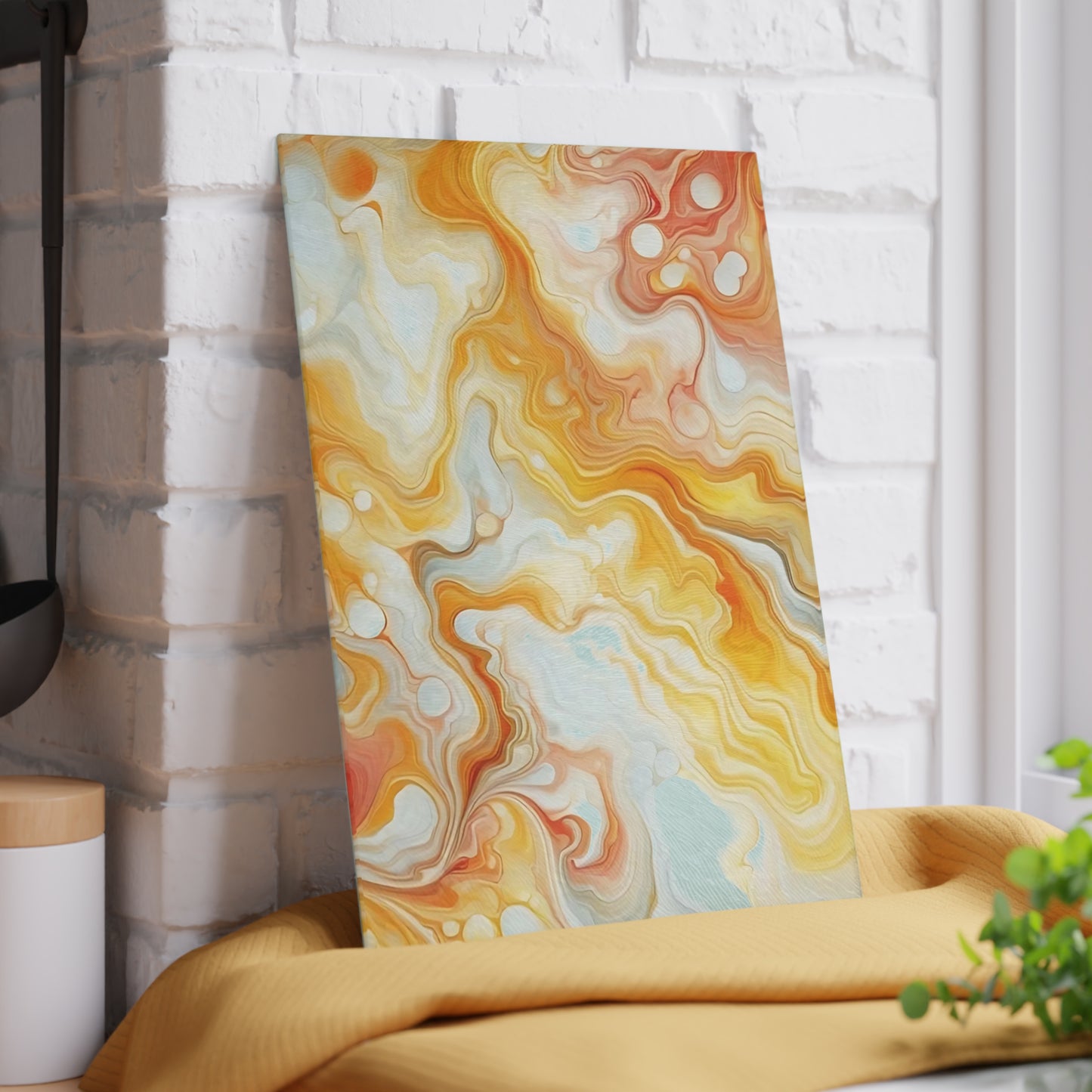Tabla de cortar de vidrio templado con efecto mármol amarillo, gris y naranja: elegante decoración de cocina con aspecto de mármol, ideal para regalar y funcional.